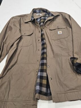 Carhartt Men’s Tan Work Shirt Jacket with Plaid Lining